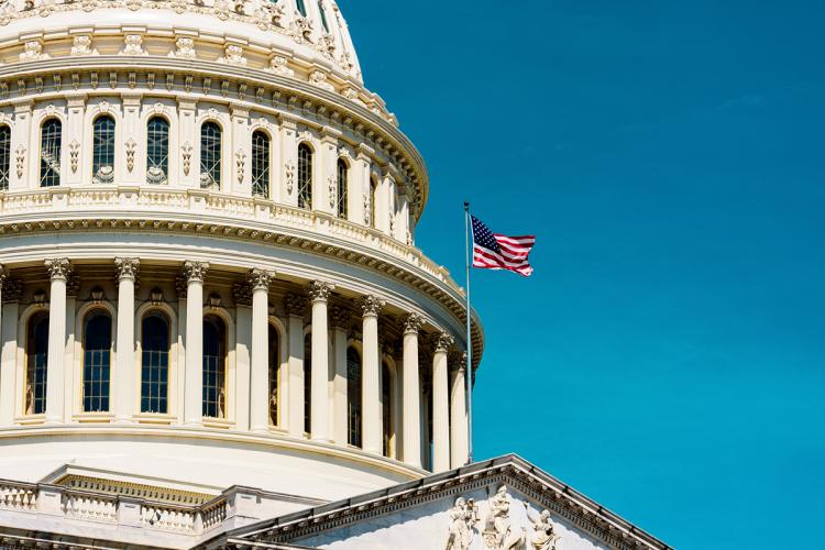 A flag flying in front of the US Capitol building